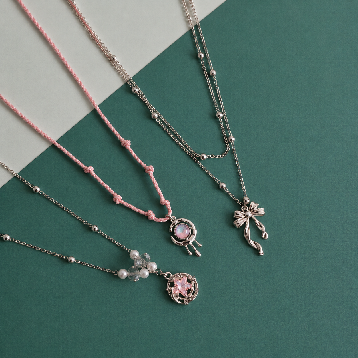 Dainty Aesthetic Necklace Set – Cute Ribbon Bow, Pearl, Star & Moon Charms for Her