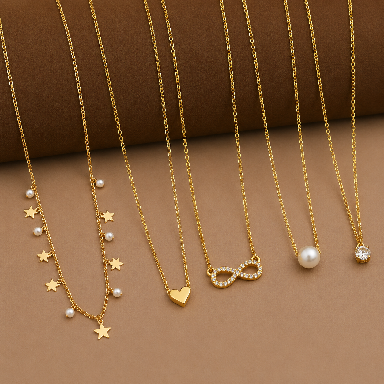 Elegant 5-Piece Necklace Combo – Gold-Tone Chain Set with Heart, Infinity & Star Charms