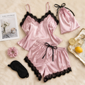 Premium Satin Nightwear Set for Women – Elegant Lace-Trimmed Camisole & Shorts with Matching Accessories