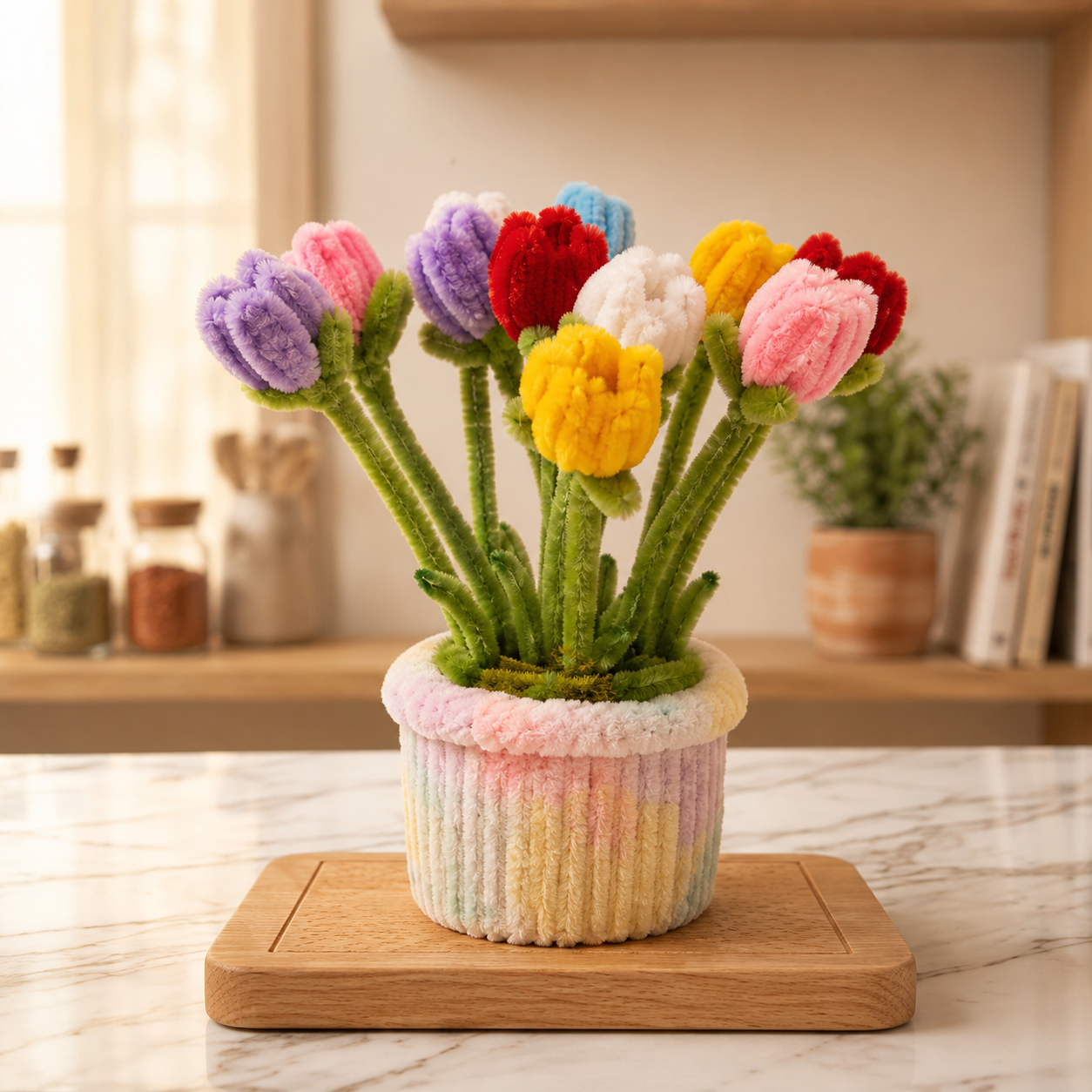 Aesthetic Handmade Pipe Cleaner Tulip Flower Pot – Vibrant Chenille Stem Floral Decor