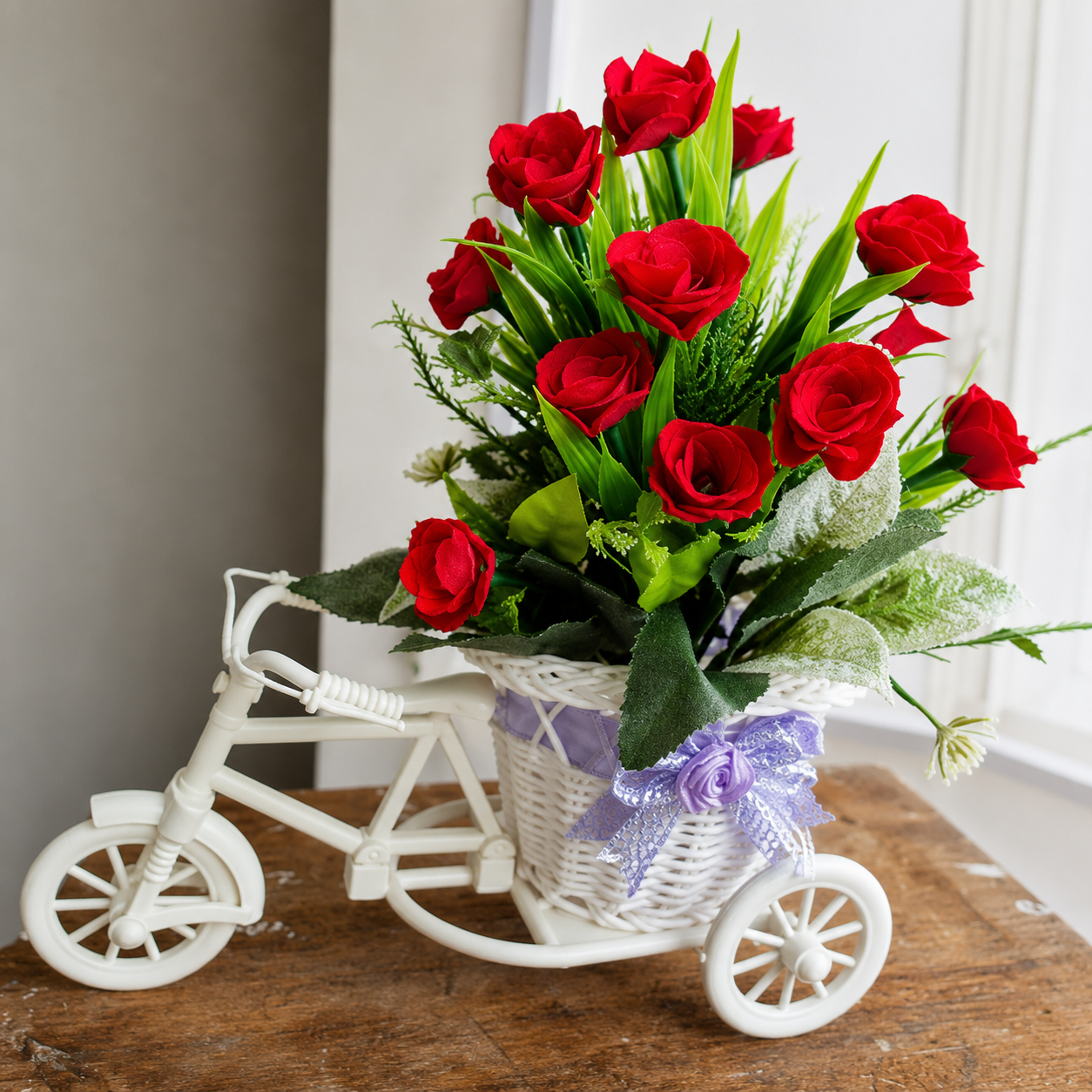 Elegant Artificial Red Rose Flower Arrangement in White Bicycle Planter for Her