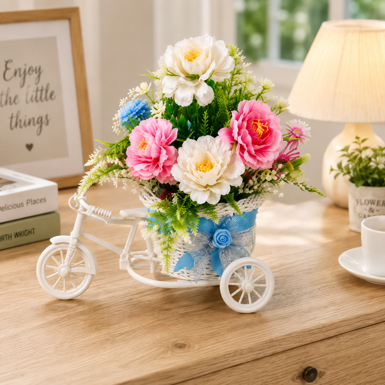 Artificial Floral Arrangement – Elegant Peony & Flower Bouquet in Decorative Bicycle Planter