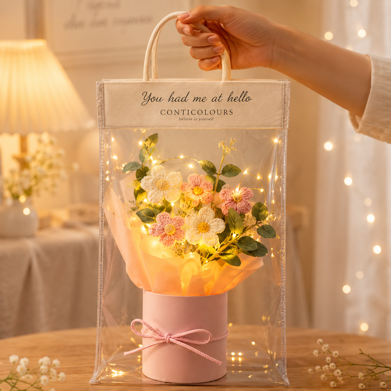 LED Light Crochet Flower Bouquet – Handmade Artificial Pink Daisy Arrangement with Gift Bag