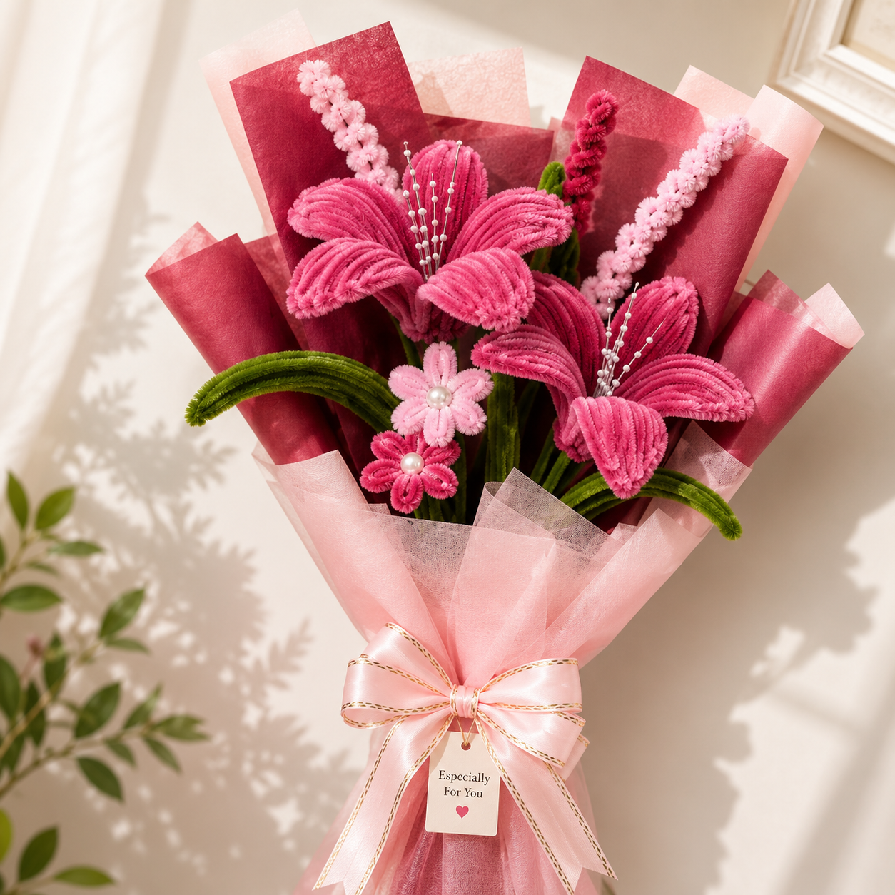 Handmade Pipe Cleaner Flower Bouquet for Her – Exquisite Red Velvet Floral Arrangement
