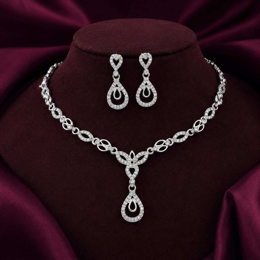 Premium Diamond Party Wear American Necklace Set – Elegant Silver-Tone Jewelry with Matching Earrings