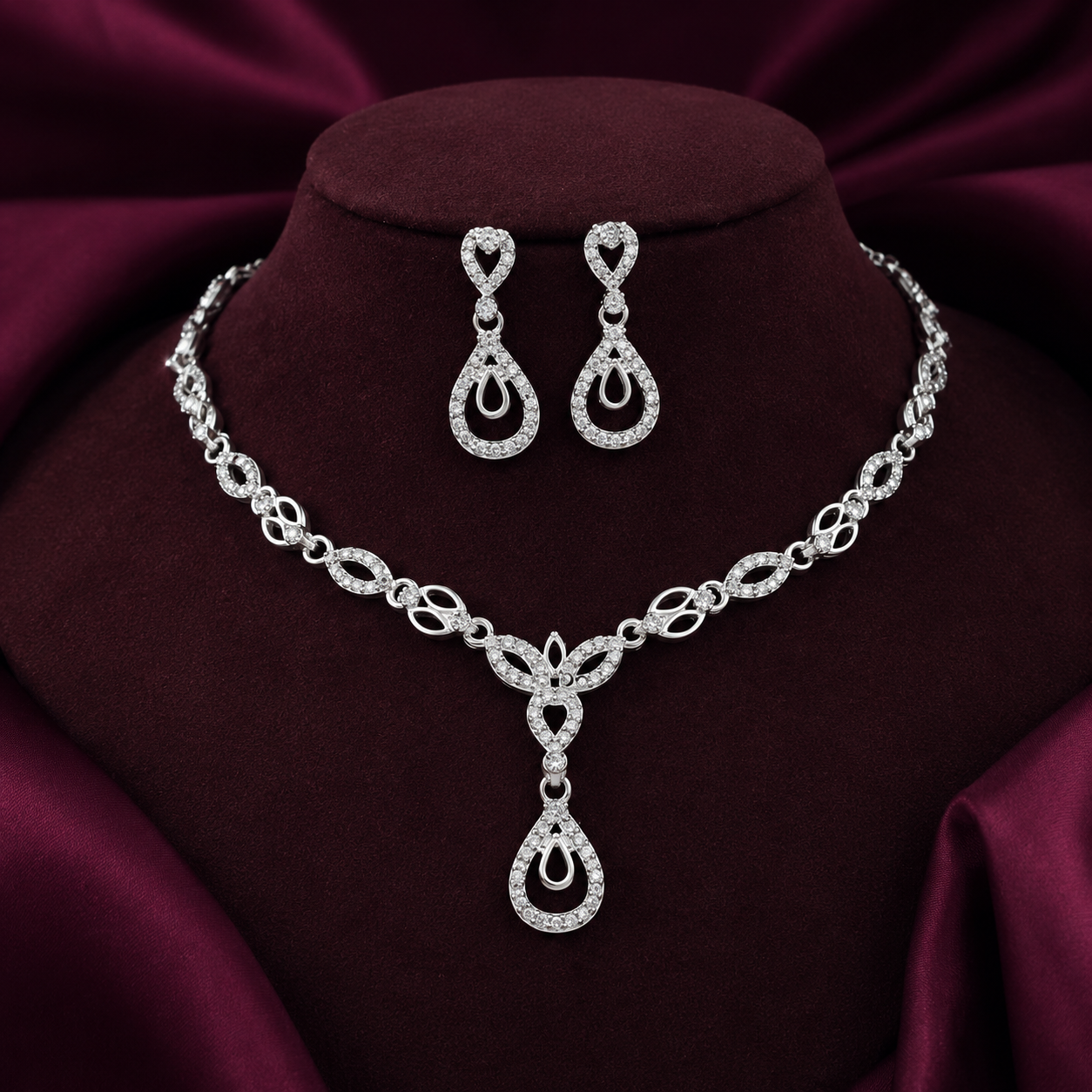 Premium Diamond Party Wear American Necklace Set – Elegant Silver-Tone Jewelry with Matching Earrings