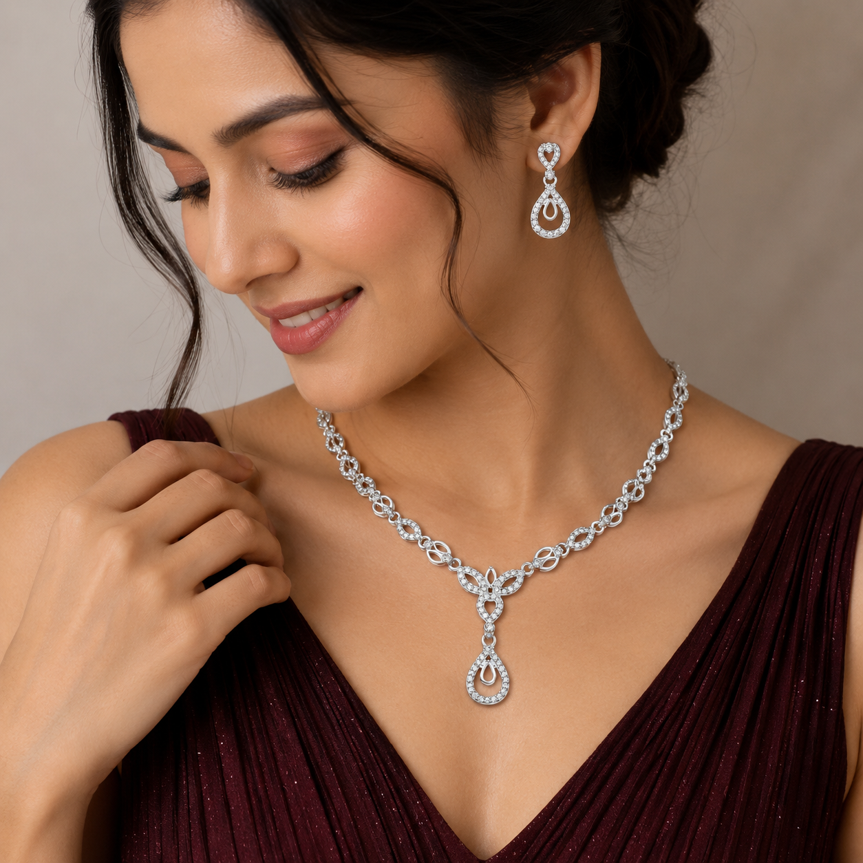 Premium Diamond Party Wear American Necklace Set – Elegant Silver-Tone Jewelry with Matching Earrings
