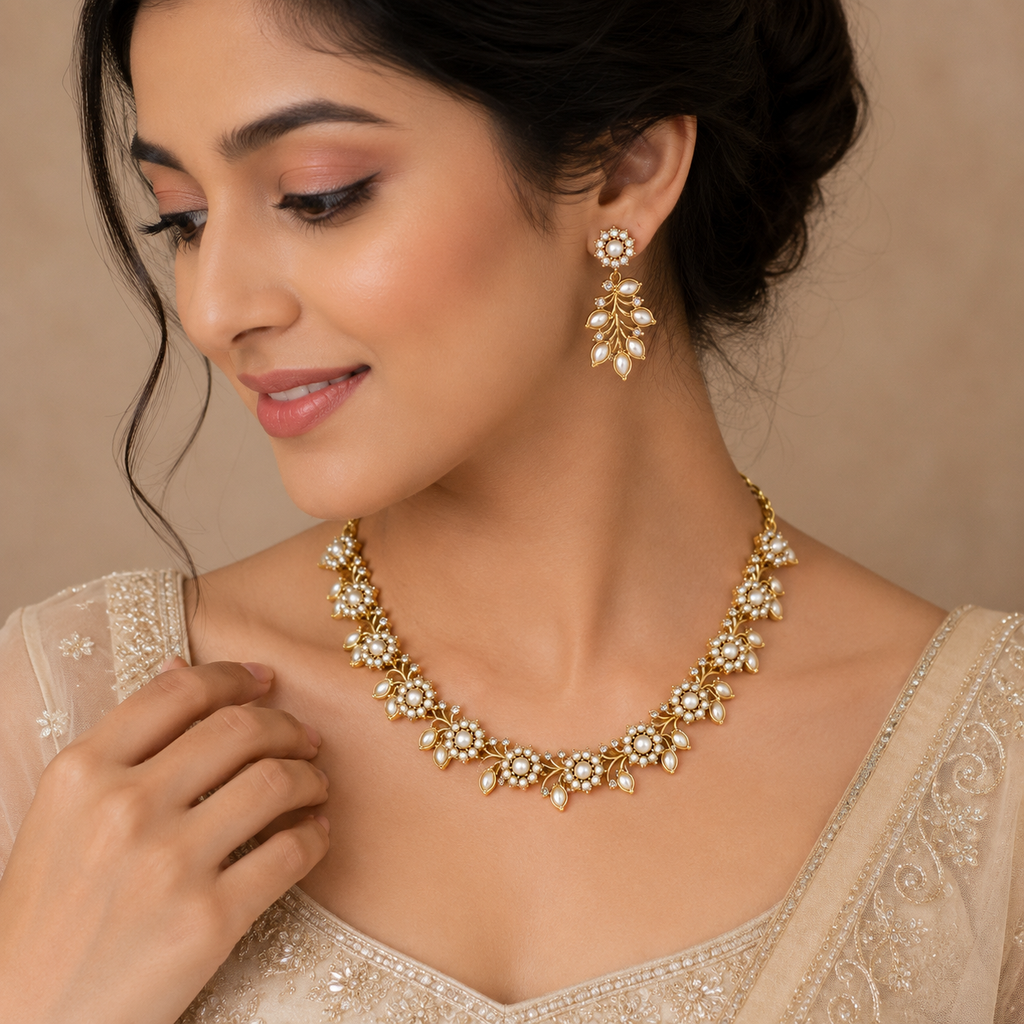 Exquisite Floral Antique Gold-Tone Necklace & Earring Set – Traditional Ethnic Jewelry for your Girl