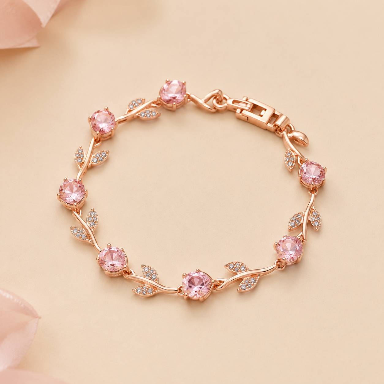 Elegant Tulip Vine Bracelet – Rose Gold-Tone with Blush Pink Crystal Accents