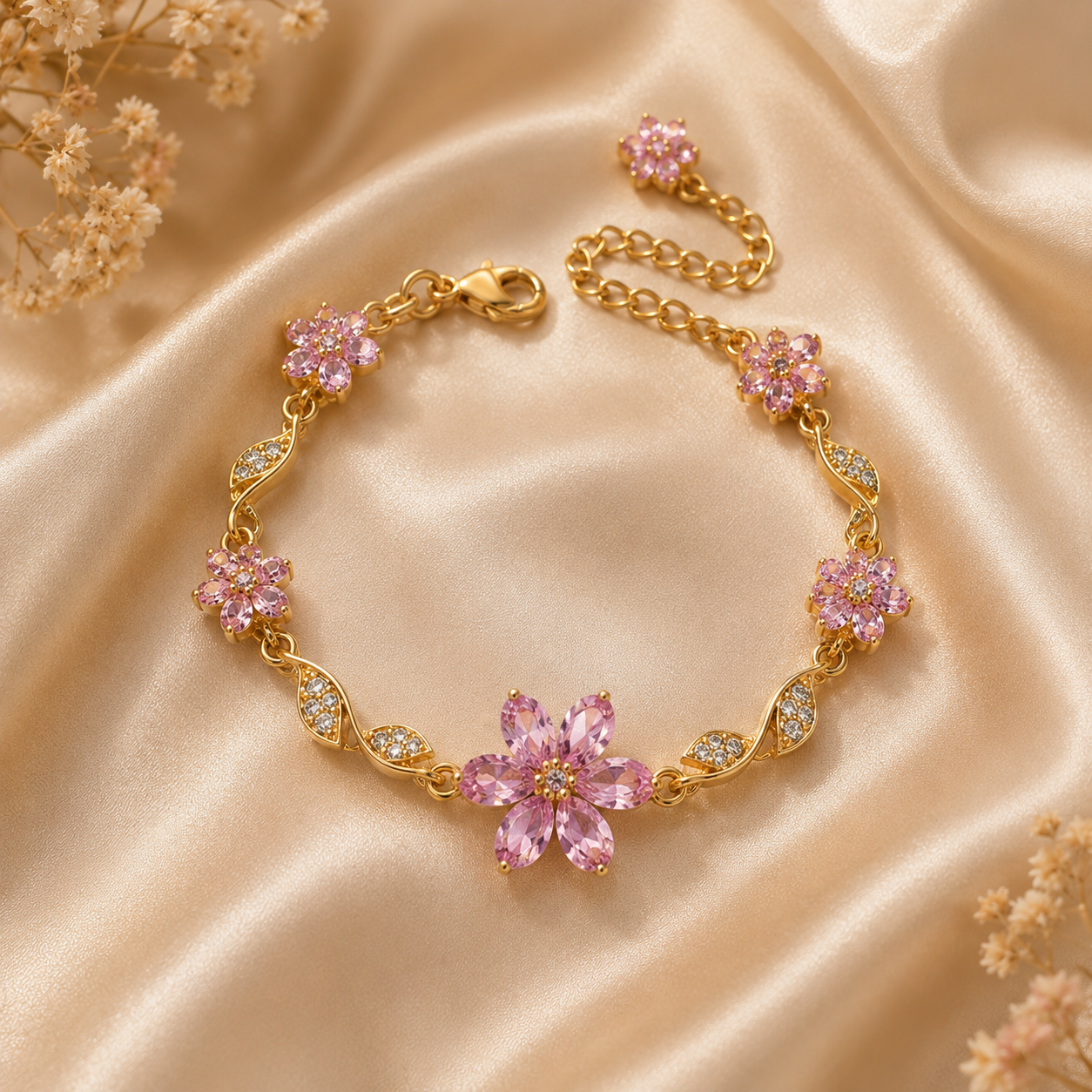 Luxury Floral Crystal Bracelet – Gold-Plated Dainty Flower Design with Pink Stones