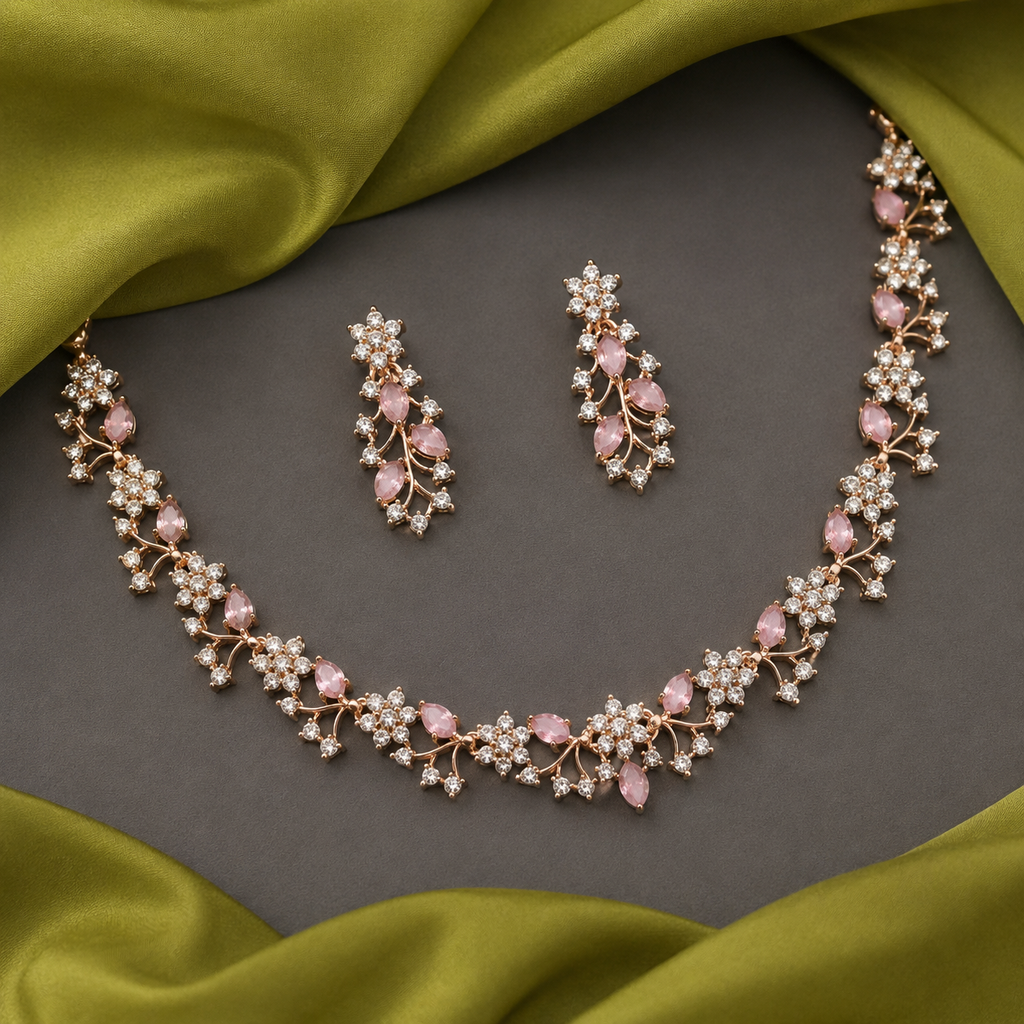 Floral Vine Necklace & Earring Set – Rose Gold-Tone with Blush Pink Crystal Accents