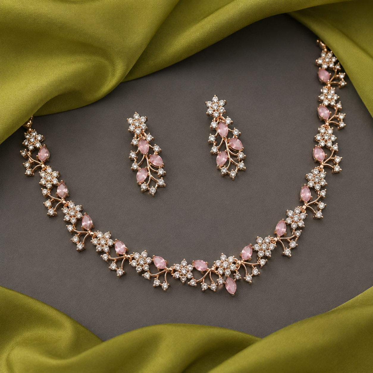 Floral Vine Necklace & Earring Set – Rose Gold-Tone with Blush Pink Crystal Accents