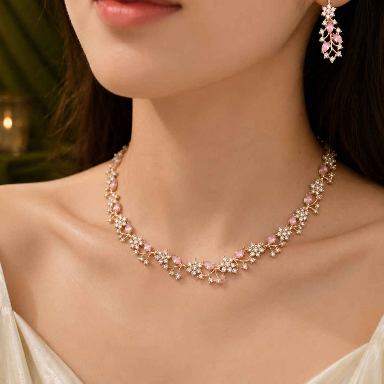 Floral Vine Necklace & Earring Set – Rose Gold-Tone with Blush Pink Crystal Accents