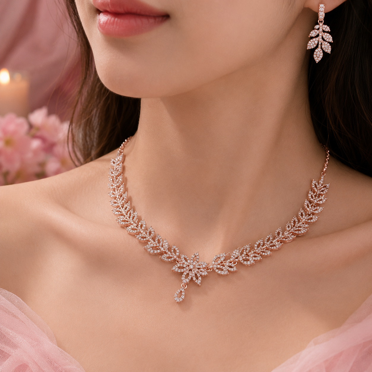 Monzista Floral Leaf Crystal Necklace & Earring Set – Rose Gold-Tone Party Wear Jewelry