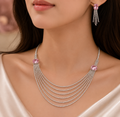 Elegant Multi-Strand Crystal Necklace & Tassel Earring Set – Pink Stone Glamour for Parties & Weddings