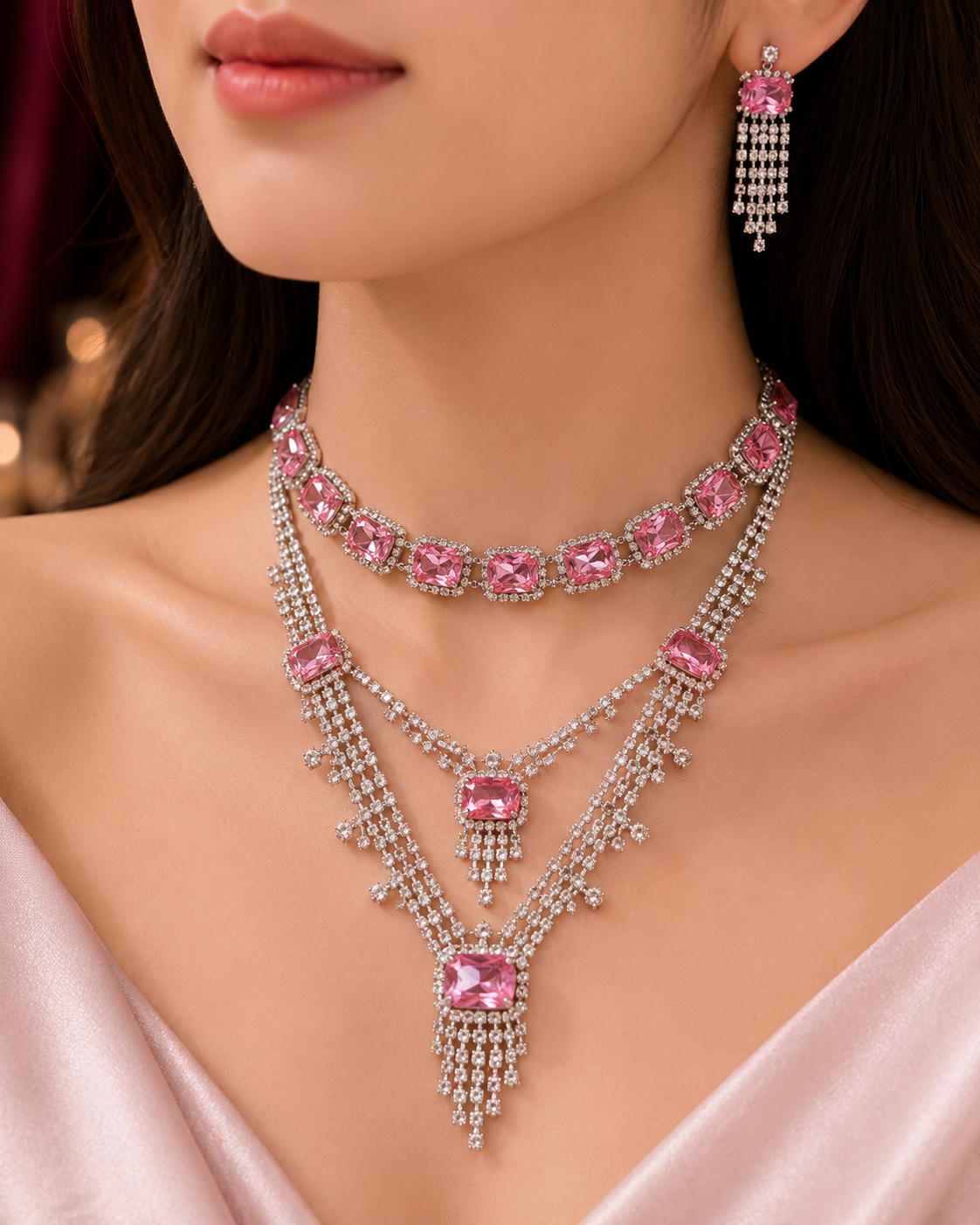 Royal Pink Crystal Jewelry Combo Set – The Perfect Romantic Necklace Gift for Her