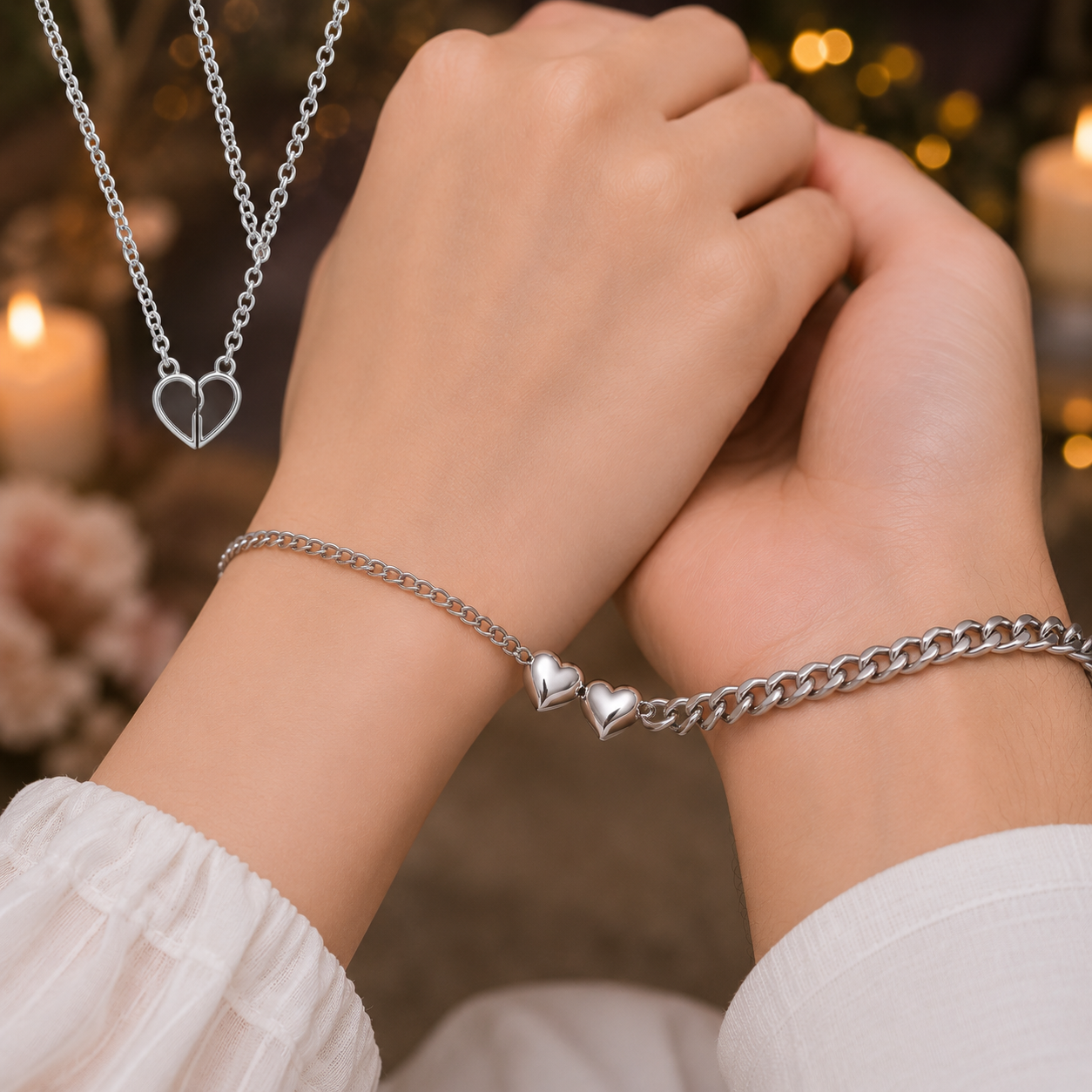 Couple’s Magnetic Heart Attraction Set – Matching Stainless Steel Jewelry (Bracelet & Chain) for Him & Her