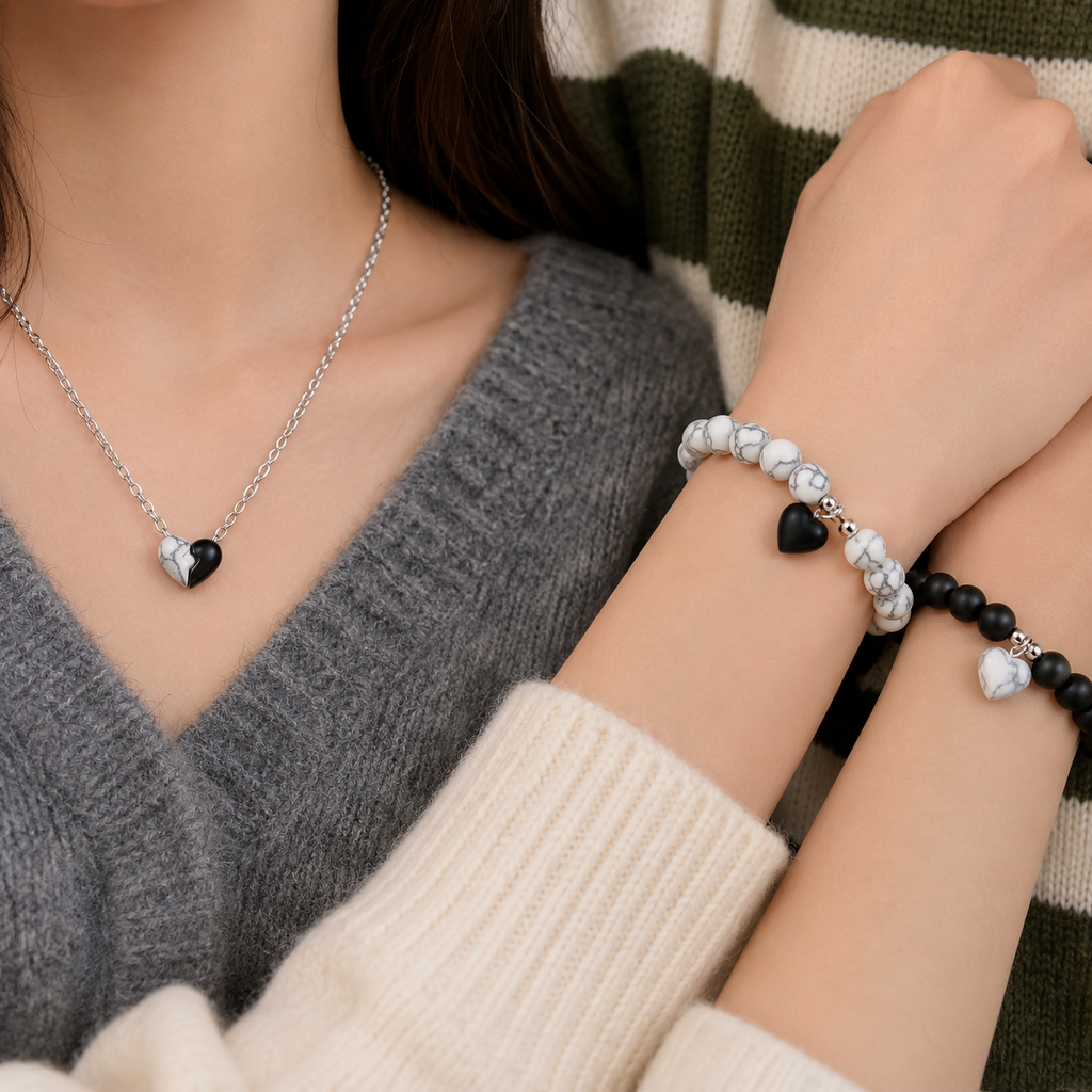 Couples’ Magnetic Heart Bracelet & Necklace Set – Matching Beaded & Chain Jewelry for Partners