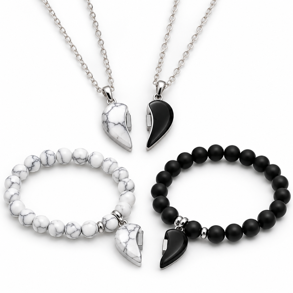 Couples’ Magnetic Heart Bracelet & Necklace Set – Matching Beaded & Chain Jewelry for Partners