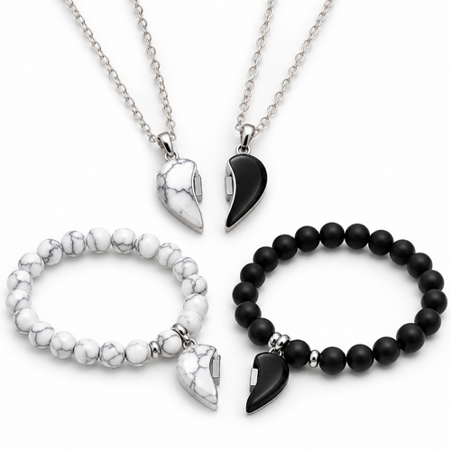 Couples’ Magnetic Heart Bracelet & Necklace Set – Matching Beaded & Chain Jewelry for Partners