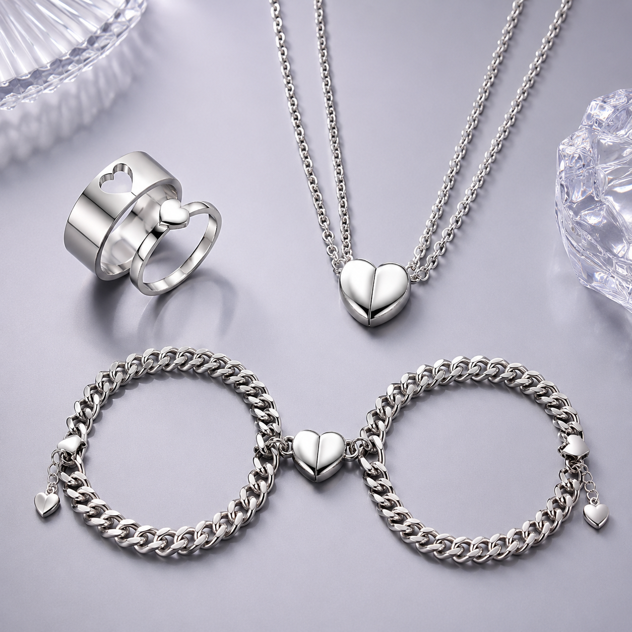 3-Piece Couple’s Magnetic Heart Set – Matching Rings, Necklace(Chain), and Bracelet for Partners