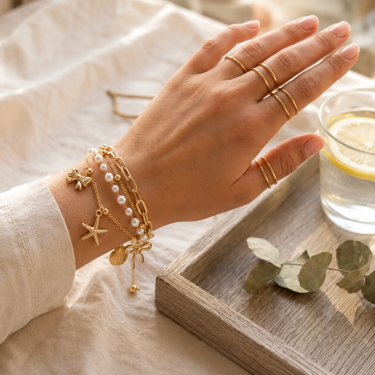 Luxury Triple-Layer Sea-Theme Charm Bracelet – Gold-Tone Pearl & Starfish Jewelry for Her