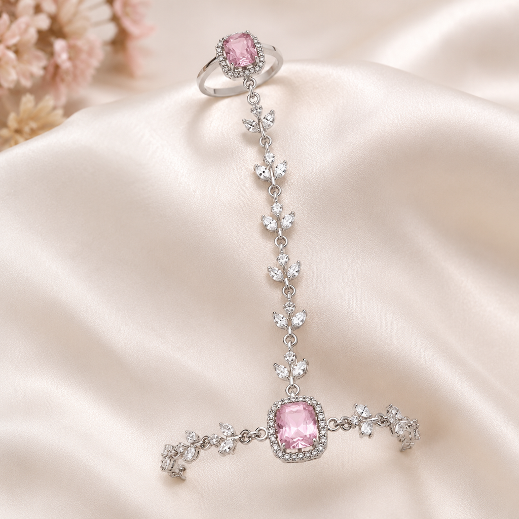 Elegant Pink Stone Hand Harness Bracelet – Silver-Plated Floral Design with Ring Attachment