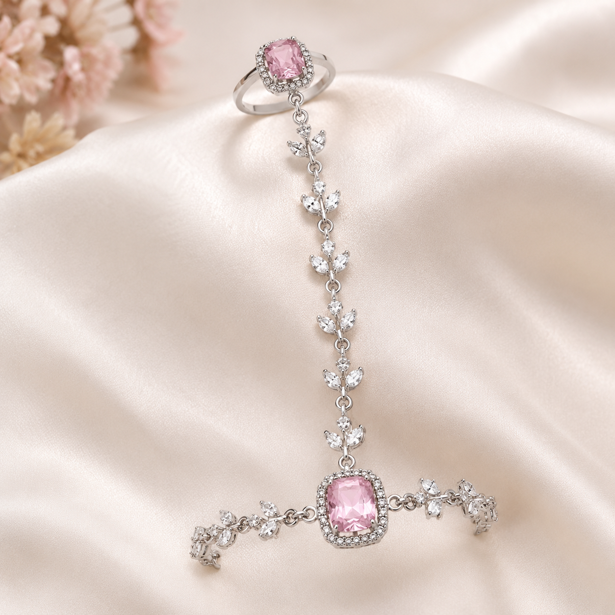 Elegant Pink Stone Hand Harness Bracelet – Silver-Plated Floral Design with Ring Attachment