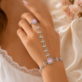 Elegant Pink Stone Hand Harness Bracelet – Silver-Plated Floral Design with Ring Attachment