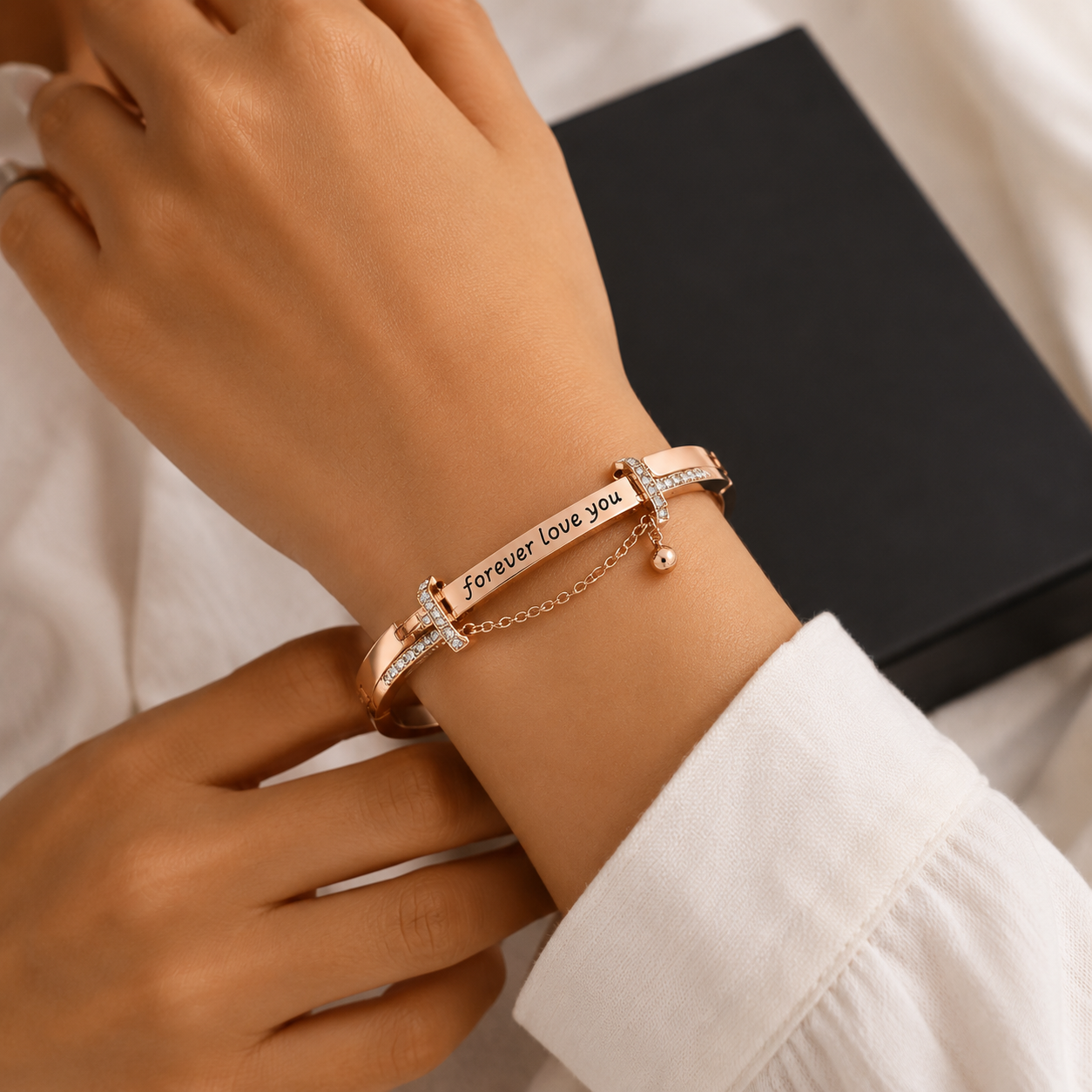 Elegant "Forever Love You" Rose Gold-Tone Kada Bracelet – Romantic Crystal-Accented Hinged Bangle