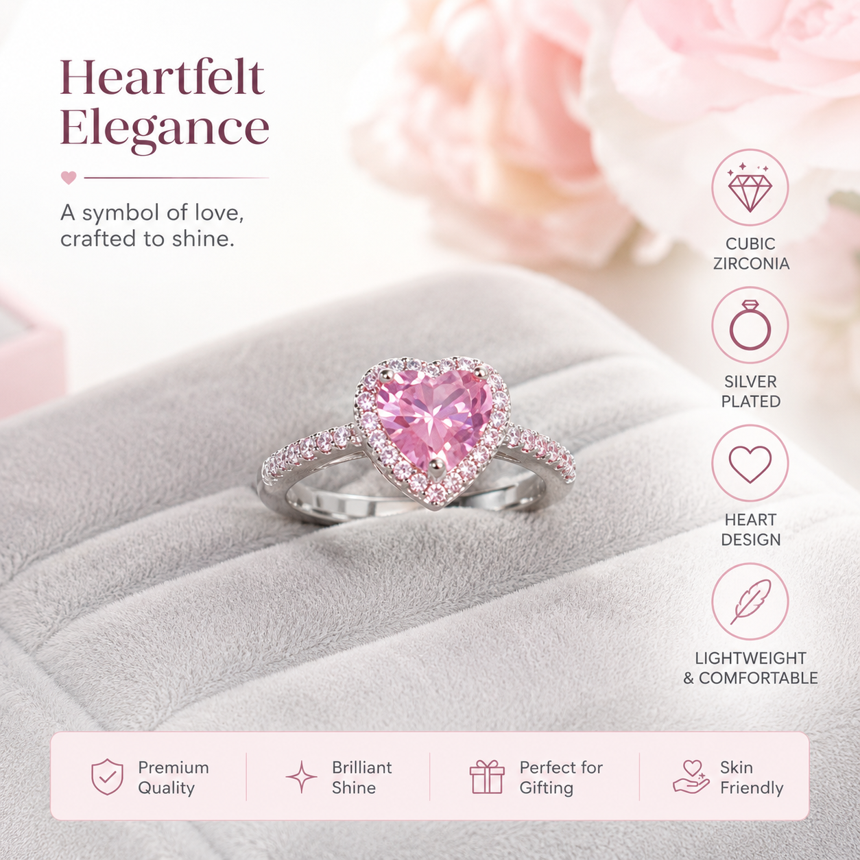 Romantic Heart-Shaped Pink Crystal Ring – Elegant Silver-Plated CZ Studded Promise Ring for Her
