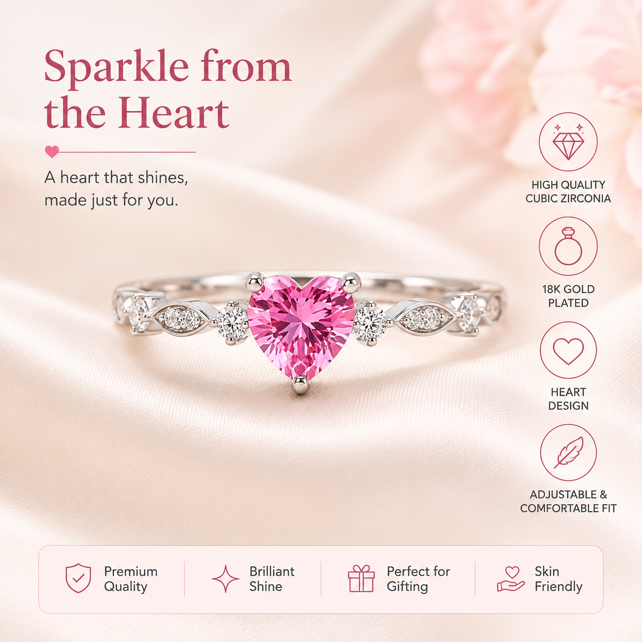 Dainty Heart-Shaped Pink Crystal Ring – Elegant 18k Gold-Plated Adjustable Promise Ring for Her