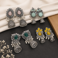 Oxidized Silver Jhumka Combo – Vibrant Stone-Studded Ethnic Earrings Gift to your Girl for Daily & Festive Wear