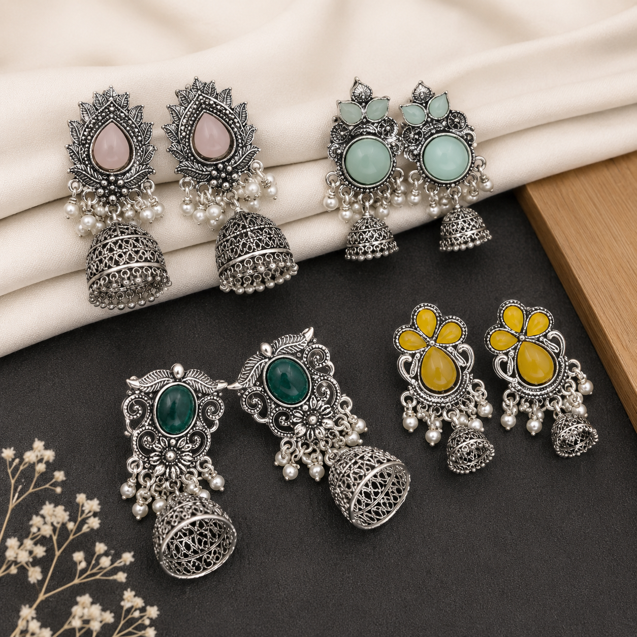 Oxidized Silver Jhumka Combo – Vibrant Stone-Studded Ethnic Earrings Gift to your Girl for Daily & Festive Wear