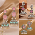 Pack of 3 Stylish Ethnic Oxidized Jhumkas – Pearl-Accented Floral & Peacock Motif Earrings for Women
