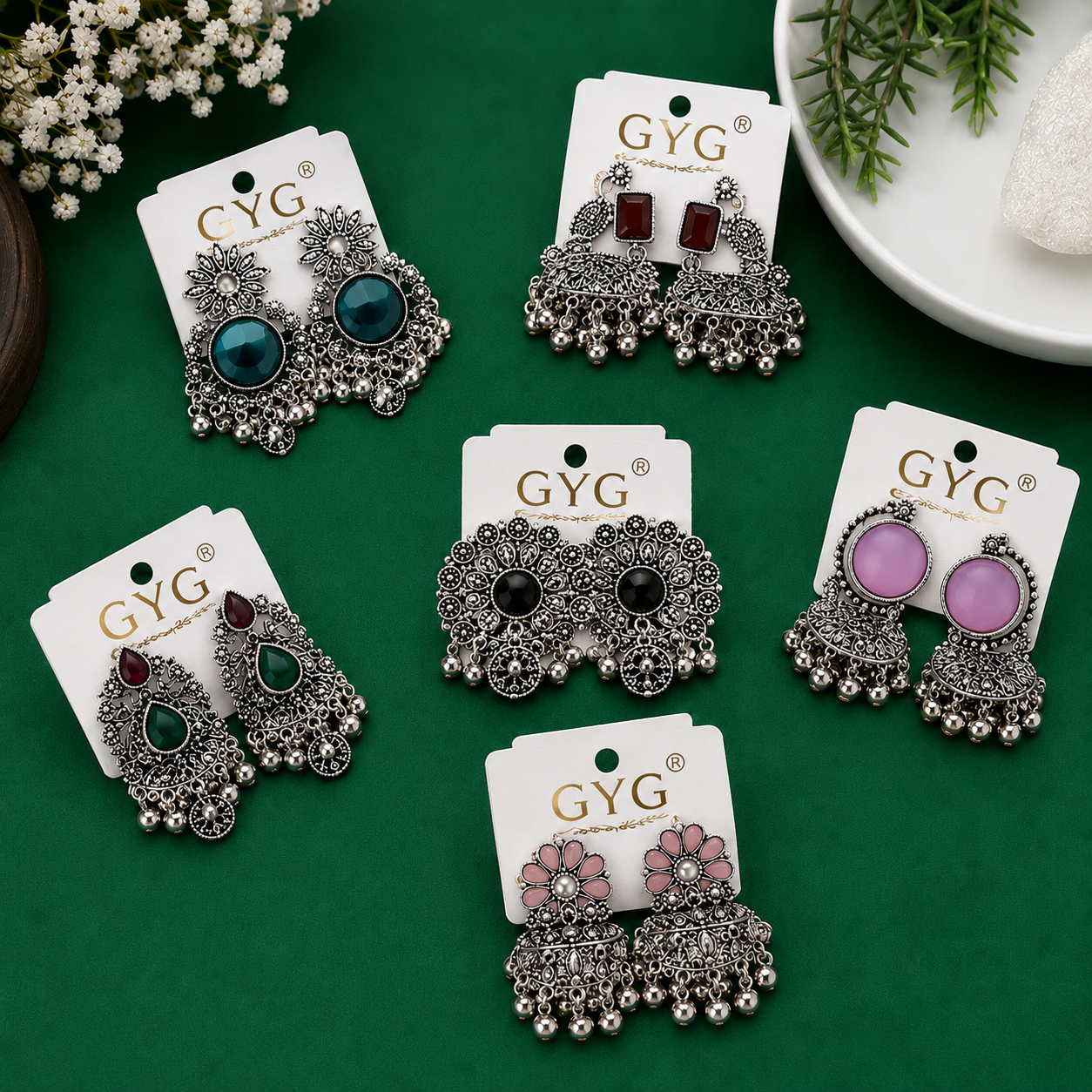 Oxidized Silver Earring Combo Pack – Stylish Multi-Color Jhumka & Stud Set for Girl