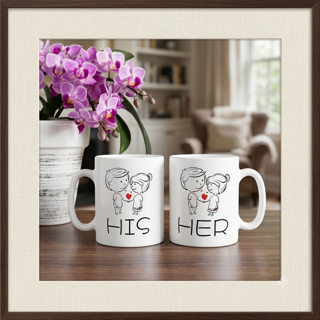 His & Her Doodles Ceramic Couple Mug Set – Cute Valentine & Anniversary Gift Tea Cups (Pack of 2)