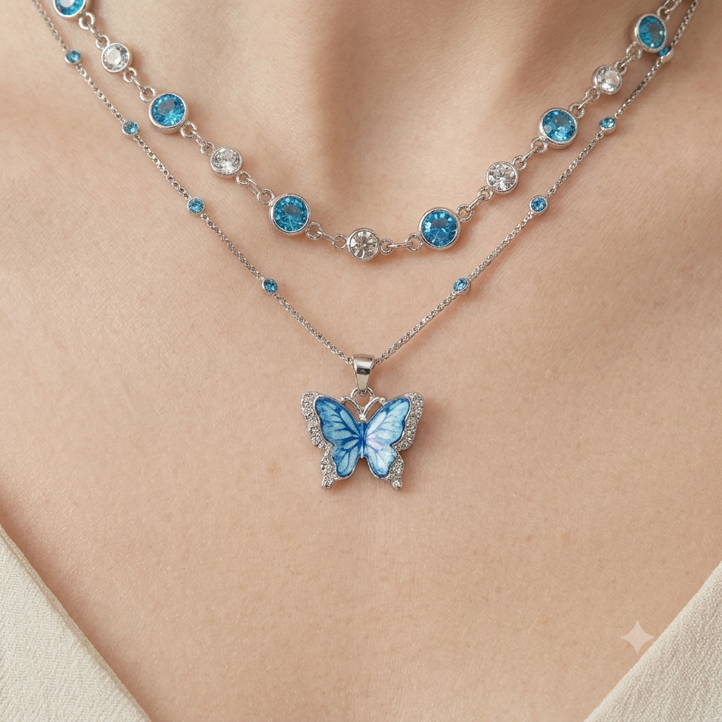 Blue Butterfly Pendant Necklace – Elegant Silver Chain with Shimmering Crystal Accents