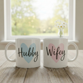 Hubby & Wifey Heart Printed Coffee Mug Set – Premium 11oz Ceramic Couple Tea Cups