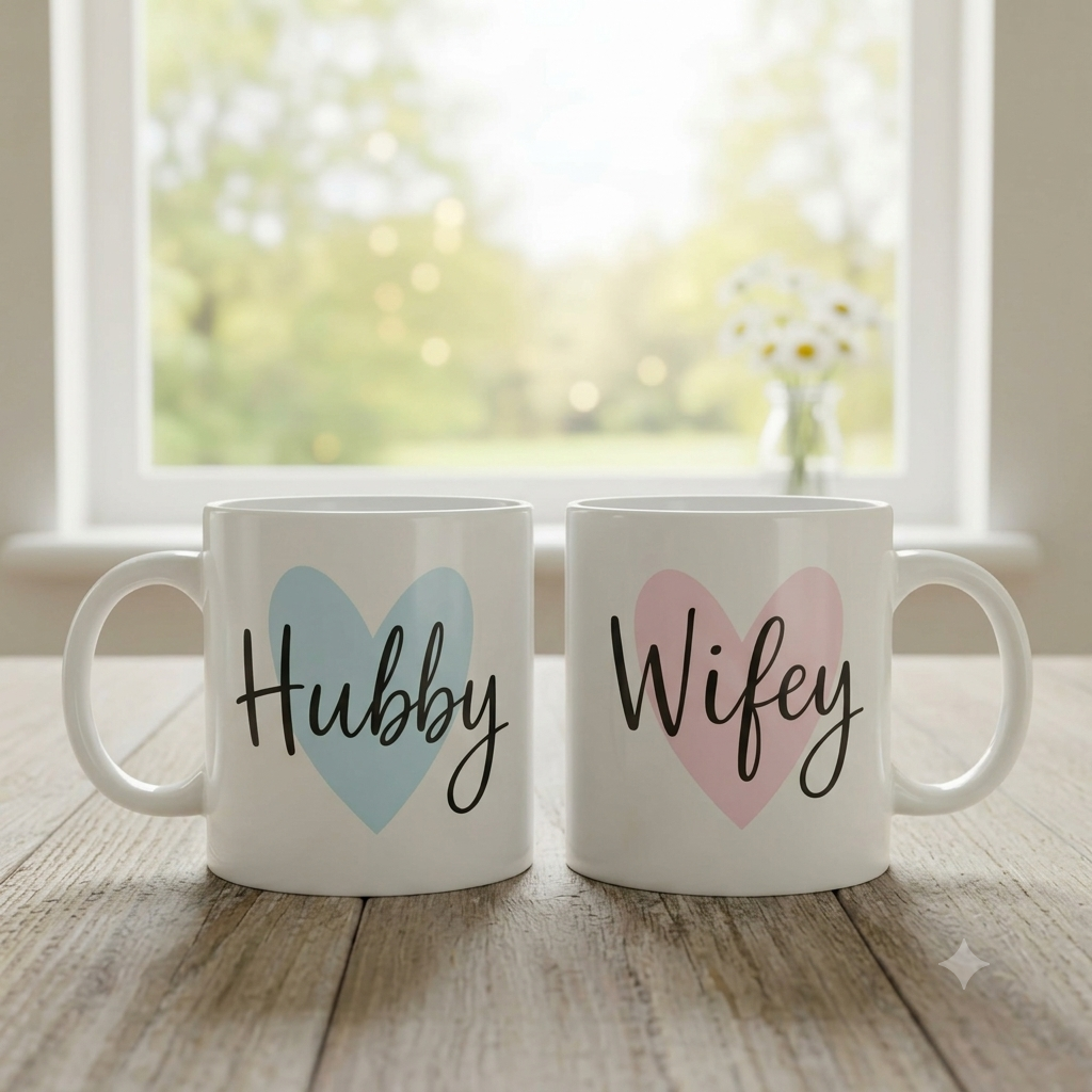 Hubby & Wifey Heart Printed Coffee Mug Set – Premium 11oz Ceramic Couple Tea Cups