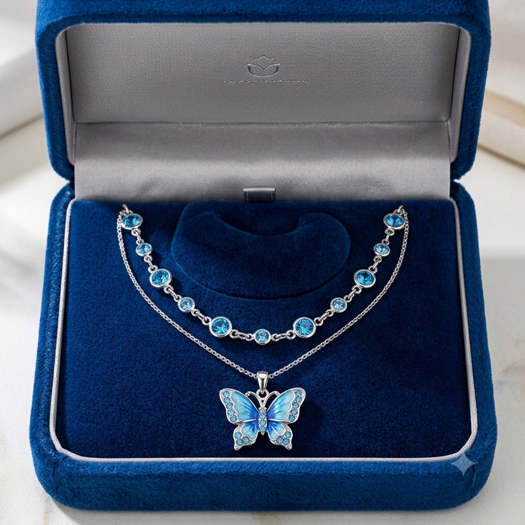 Blue Butterfly Pendant Necklace – Elegant Silver Chain with Shimmering Crystal Accents
