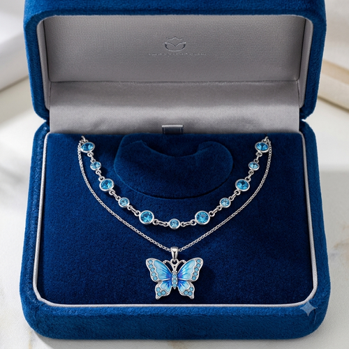 Blue Butterfly Pendant Necklace – Elegant Silver Chain with Shimmering Crystal Accents