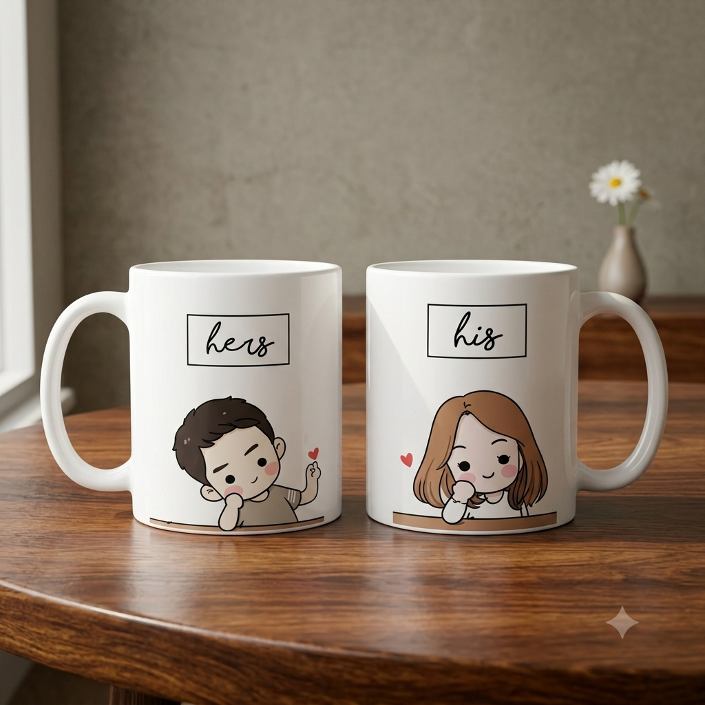 His & Her Doodles Ceramic Couple Mug Set – Cute Valentine & Anniversary Gift Tea Cups (Pack of 2)