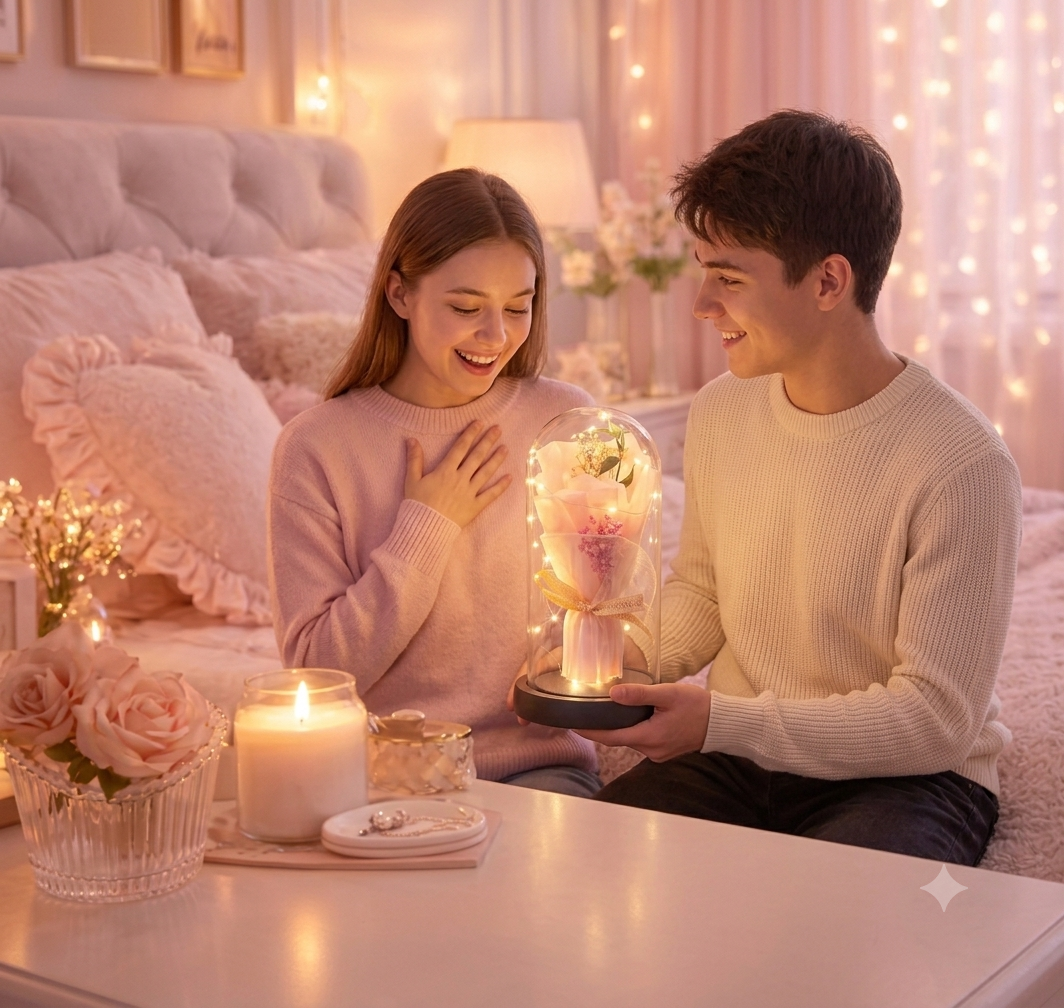 Ellegant Glass Dome Love Showpiece with Glowing Lights & Couple Figurine – Anniversary Decoration Gift