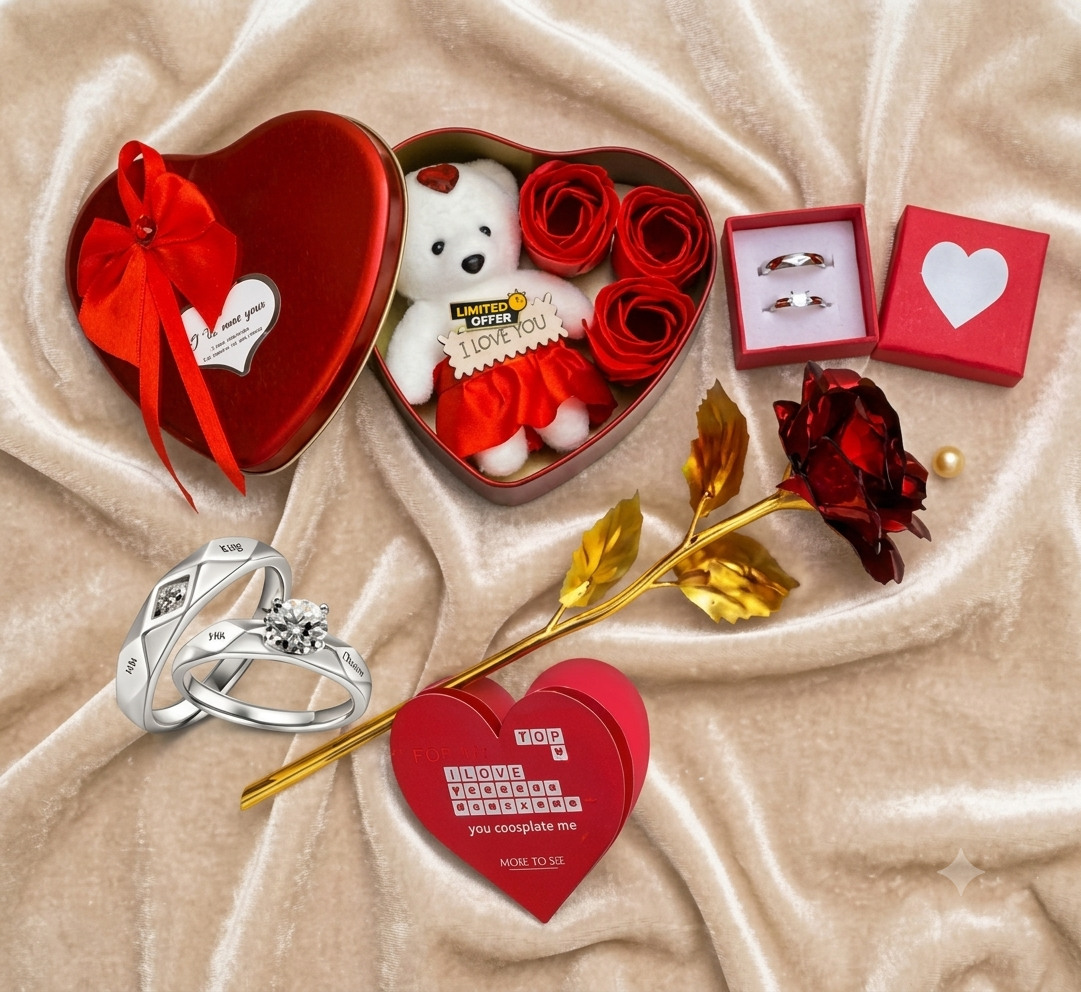Luxury Valentine’s Day Rose & Ring Gift Suite – Complete Heart Hamper with Plush Mascot
