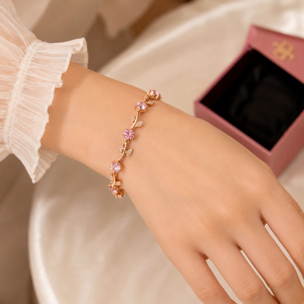 Elegant Tulip Vine Bracelet – Rose Gold-Tone with Blush Pink Crystal Accents